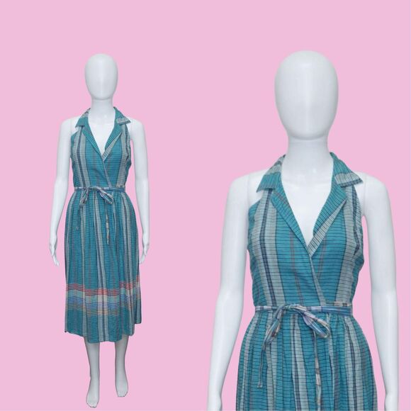 1970s-1980s MS.CHAUS Plaid Halter Collared Adjustable WRAP Dress W/Pockets. XS - Picture 1 of 10